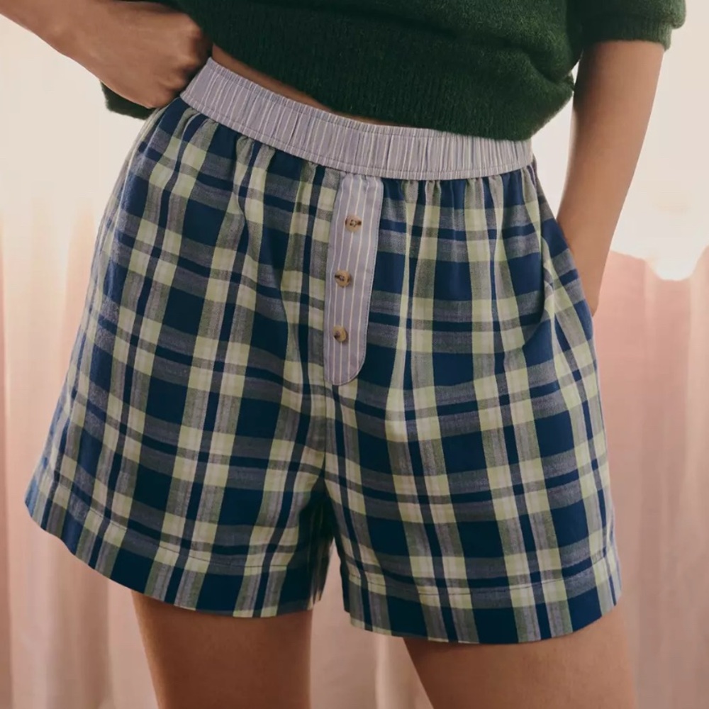 ANTHROPOLOGIE XL Women’s Flannel Green/Blue Boxer Shorts High Waist Pockets